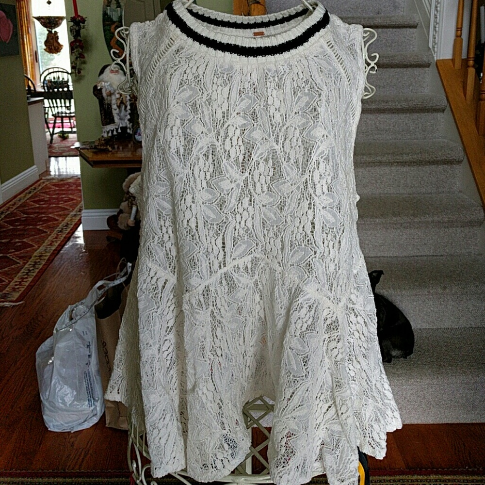 Free People Cream Lace Tank Top with Black Trim